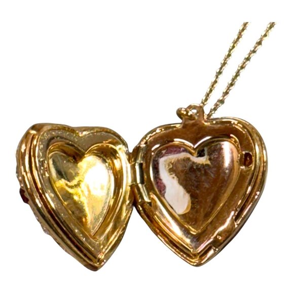 Vintage Gold Heart Locket Necklace With Ruby Red and Clear Rhinestones Stones - Picture 5 of 10